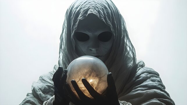 Creepy fortune teller with vintage Halloween mask, casting shadowy spell, ethereal light effects, isolated on white background