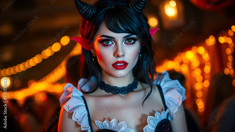 Wall mural young beautiful woman dressed in devil costume at halloween party. generative ai