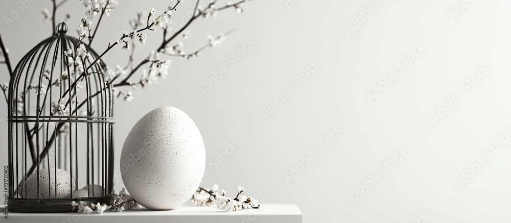 Poster easter still life featuring an egg and a decorative cage against a white background. with copy space