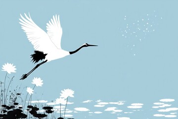 Japanese Crane birds flying in the style of large-scale minimalistic silhouette with white Nymphaea on a blue sky background. AI generated illustration.