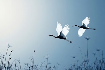 Japanese Crane birds flying in the style of large-scale minimalistic silhouette with white Nymphaea on a blue sky background. AI generated illustration.