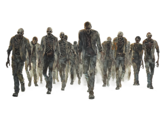 zombie group of different sizes and styles walking in the same direction isolated on transparent background