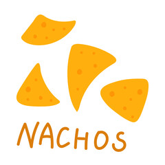 Nachos is a flat vector illustration with an inscription highlighted on a white background. Crispy golden tortilla chips, yellow triangles falling on a white background. Mexican snack for the holiday
