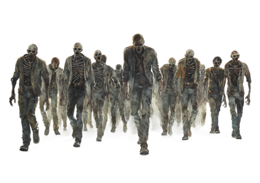 zombie group of different sizes and styles walking in the same direction isolated on transparent background