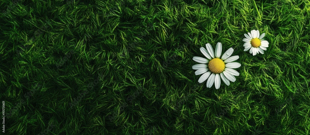 Leinwandbilder One chamomile flower and a daisy on a backdrop of green grass Top view close up. with copy space image. Place for adding text or design