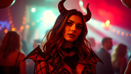 Fototapeta premium Young beautiful woman dressed in devil costume at Halloween party. Generative AI