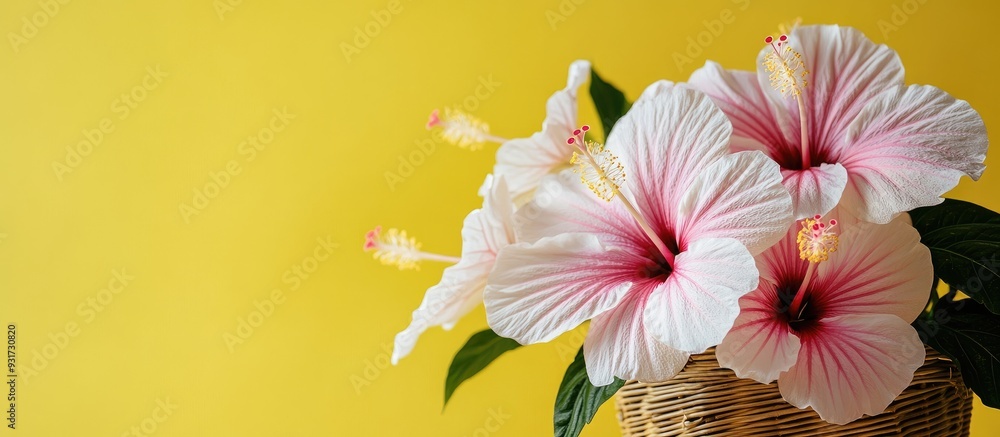 Aufkleber White and pink hibiscus flowers in a wicker container set against a yellow backdrop with text space. with copy space image. Place for adding text or design