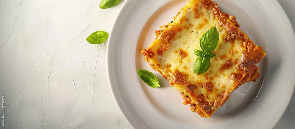 Poster lasagna homemade italian lasagna featuring bolognese meat sauce cheese and basil on a white plate cl