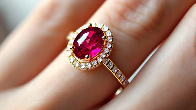Elegant diamond-encrusted golden ruby r ing in hand. Jewellery