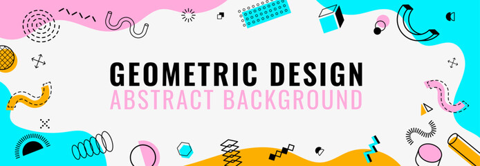 Modern geometric Memphis banner. Colorful and vibrant background with abstract dynamic shapes and patterns. Vector horizontal template, artistic, creative design for social media, and web graphic