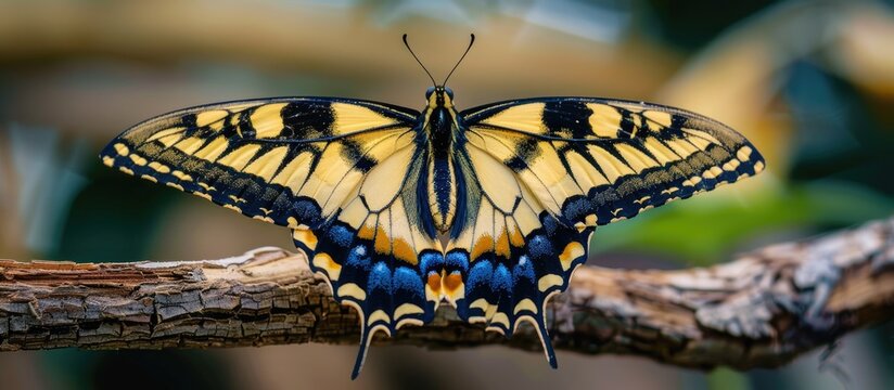 Close up of the head of a single Yellow Swallowtail butterfly drying its wings on a wooden stick beside an empty chrysalis against a white background. with copy space image