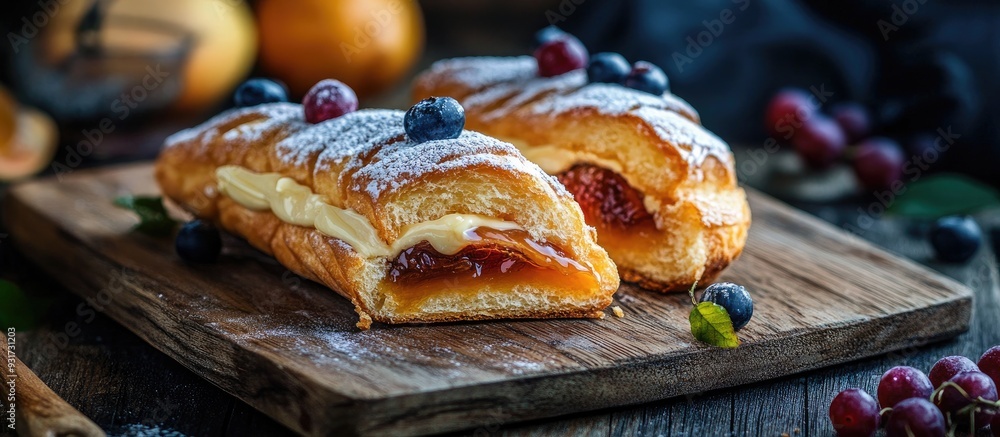 Poster Bomb filled with dulce de leche A traditional Brazilian eclair sliced in half with fruit placed on a rustic wooden board. with copy space image. Place for adding text or design