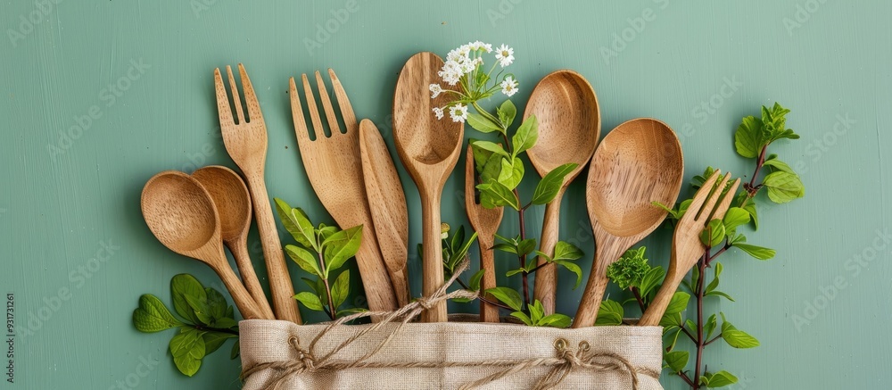 Aufkleber Wooden forks spoons and knives placed in a craft bag against a green background adorned with sprigs of flowers. with copy space image. Place for adding text or design