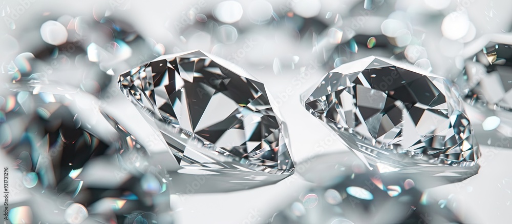 Poster Shiny beautiful diamonds on a white background viewed from above Room for text. with copy space image. Place for adding text or design