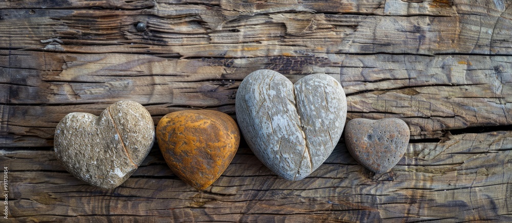 Aufkleber heart shaped rocks on a wooden background. with copy space image. Place for adding text or design