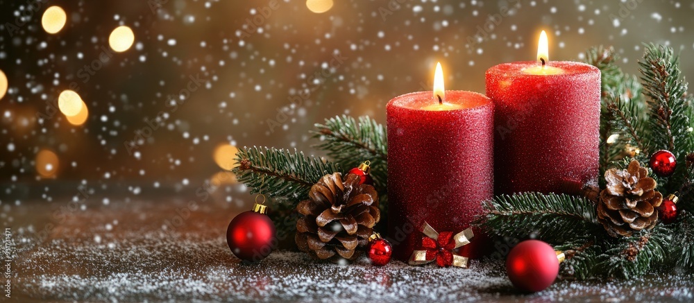 Aufkleber Lovely Christmas arrangement featuring a blank card on a light background. with copy space image. Place for adding text or design
