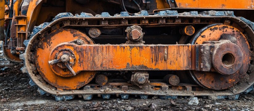 Clear panorama close up view of the rusted wheel of a heavy duty construction machine. with copy space image. Place for adding text or design