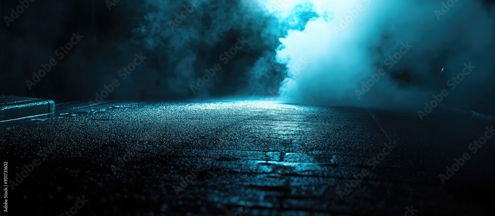 Poster dramatic background of a nighttime street spotlight on the pavement smoke. with copy space image. pl