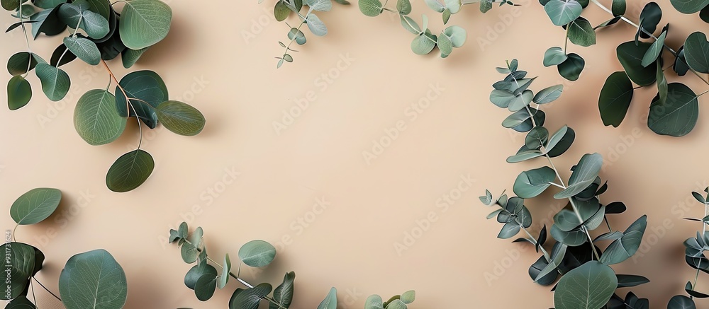 Poster Frame created with eucalyptus leaves on a beige background copy space for showcasing a natural product top view flat lay