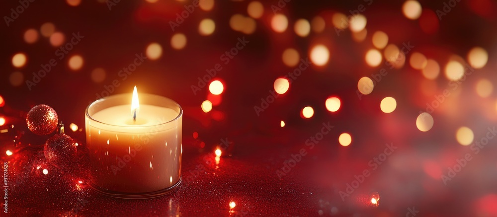 Poster Christmas decor with a candle set against red festive lights. with copy space image. Place for adding text or design