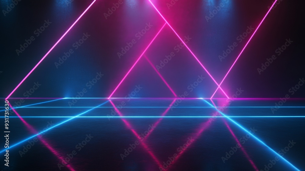 Wall mural abstract futuristic neon light trail with floating cube and triangle on dark background, technology 