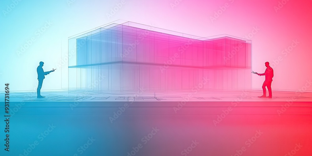 Poster futuristic architectural design with silhouettes and gradient background
