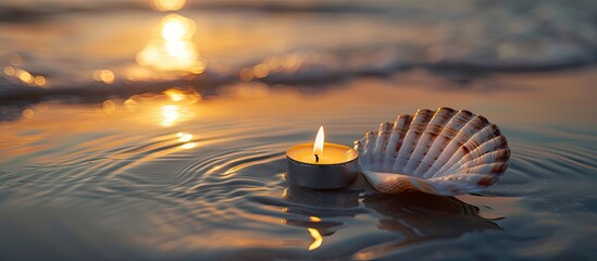Shell with candlelight and blank tag for wellness and relaxation ideas or massage promotion. with copy space image. Place for adding text or design