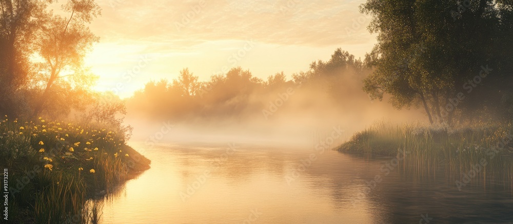 Poster a river in the early morning mist. with copy space image. place for adding text or design