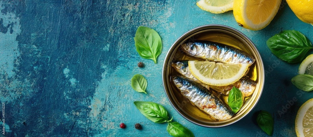 Leinwandbilder top view of a can of sardines in oil accompanied by basil leaves and a slice of lemon on a blue rust