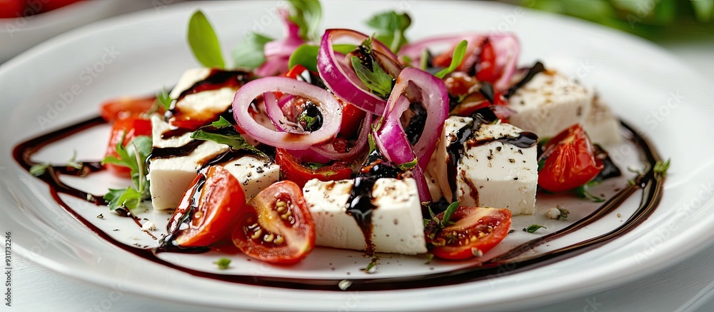 Aufkleber Salad featuring feta cheese sun dried tomatoes and pickled onions drizzled with balsamic sauce on a white plate Horizontal image. with copy space image. Place for adding text or design