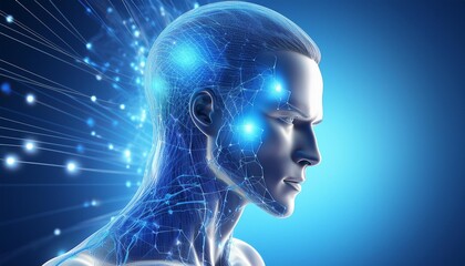 A futuristic depiction of a human head with glowing neural connections, symbolizing advanced technology and artificial intelligence.