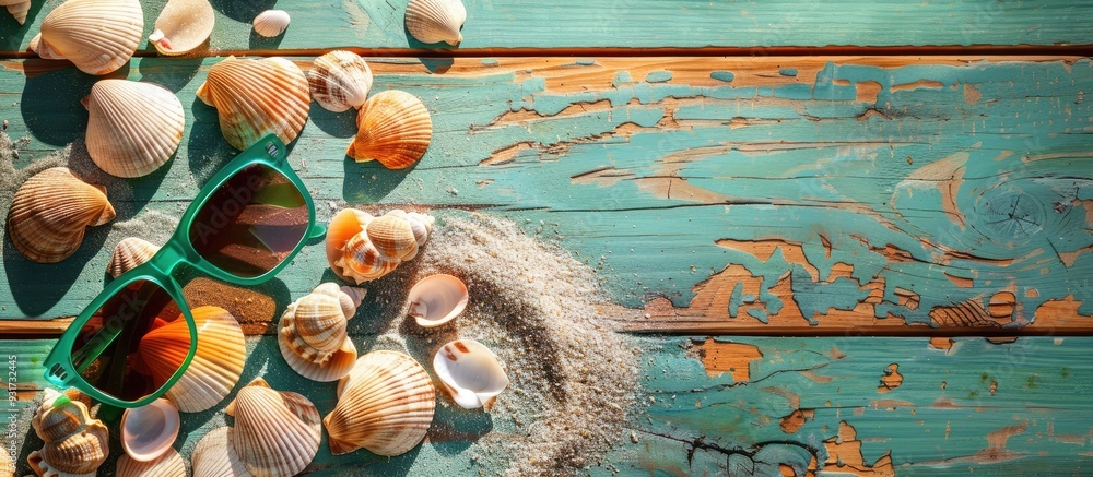 Poster seashells on a green wooden plank alongside sunglasses. with copy space image. place for adding text