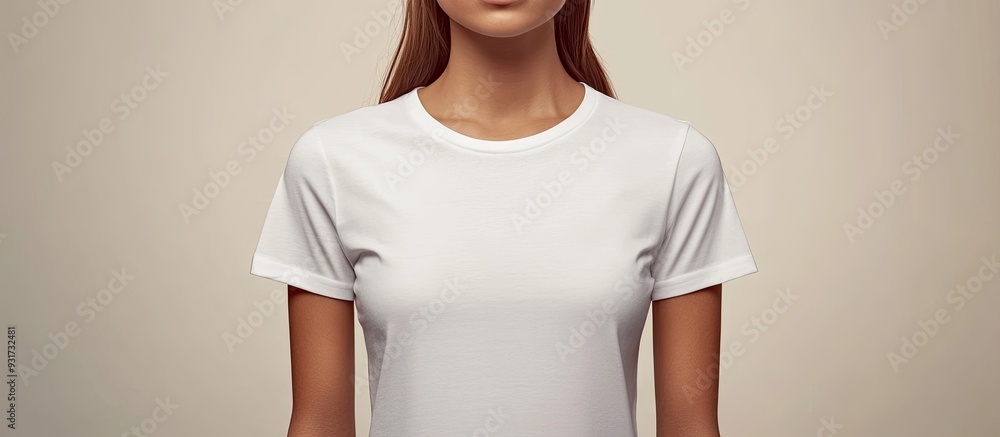 Poster mock up of a plain white t shirt girl dressed in a plain white t shirt. with copy space image. place