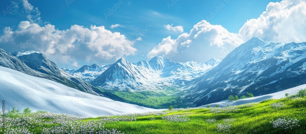 Fototapete snow covered mountains and springtime hills. with copy space image. place for adding text or design