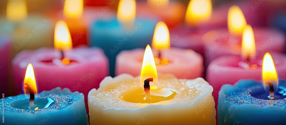 Poster white candle background for design colorful celebration candle with a close up view pink yellow whit