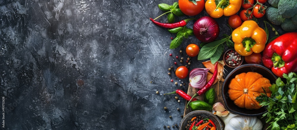 Aufkleber fresh vegetables and cooking ingredients arranged around a vintage cutting board on a rustic backgro