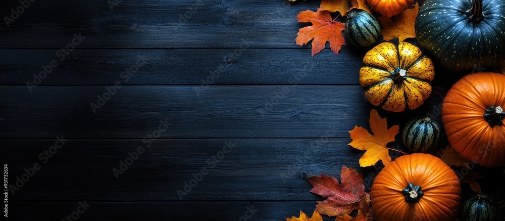 Leinwandbilder Thanksgiving and Halloween pumpkins leaves and acorn squash arranged on a dark wood table background captured from a top view. with copy space image. Place for adding text or design