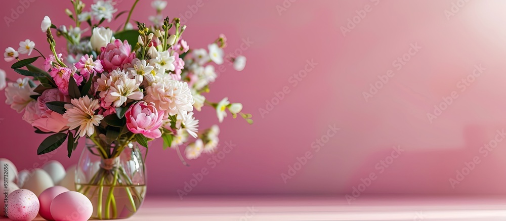 Poster bouquet of spring flowers in a vase with eggs on a pink table area for text close up view. with copy