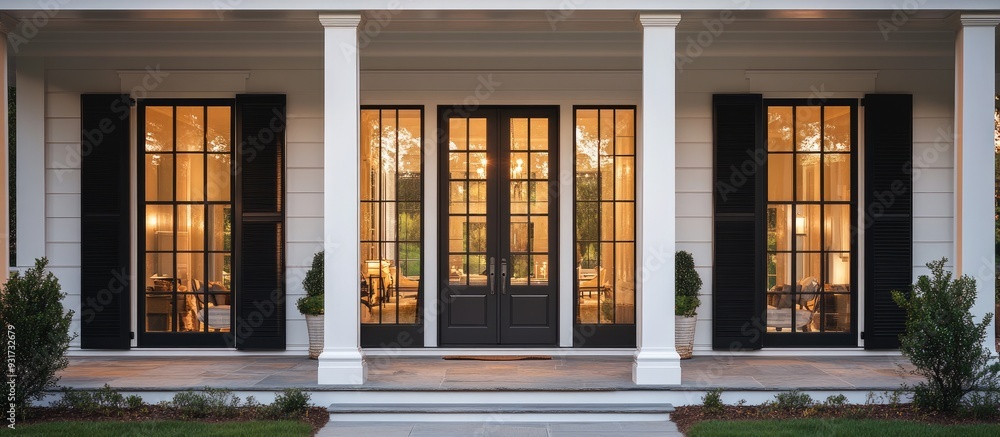 Poster exterior view of a house featuring a front porch and a white front door with glass panes the facade 