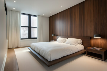 contemporary bedroom with wooden accent wall