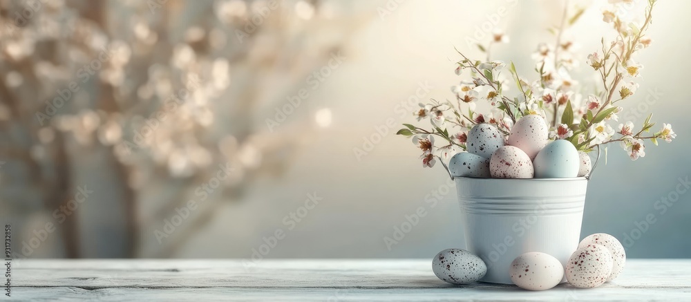 Aufkleber Easter eggs in a bucket on a white wooden table accompanied by lovely flowers. with copy space image. Place for adding text or design