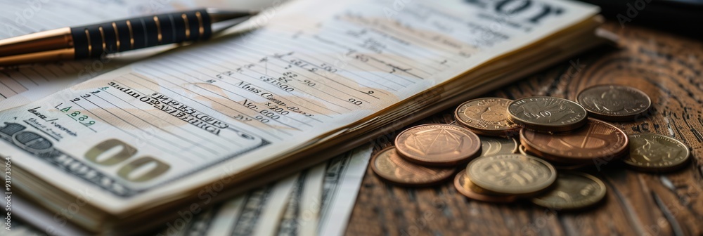 Poster a stack of cash and coins accompanies an open notebook filled with notes and financial calculations 