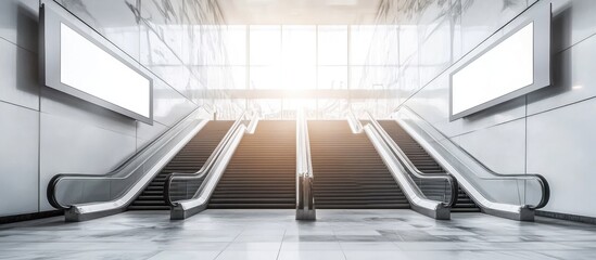 Obraz premium Blank advertising billboard at the airport mock up poster media template for ad displays in subway station escalators. with copy space image. Place for adding text or design