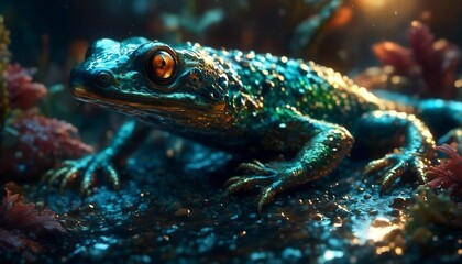 lizard on a stone in a wet forest, animal