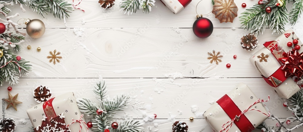 Aufkleber Various Christmas items are arranged on a white wooden background Winter holidays New Year greeting card Long banner. with copy space image. Place for adding text or design