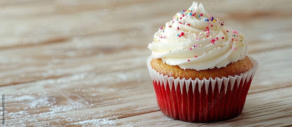 Aufkleber attractive cupcake on a light wood surface. with copy space image. place for adding text or design