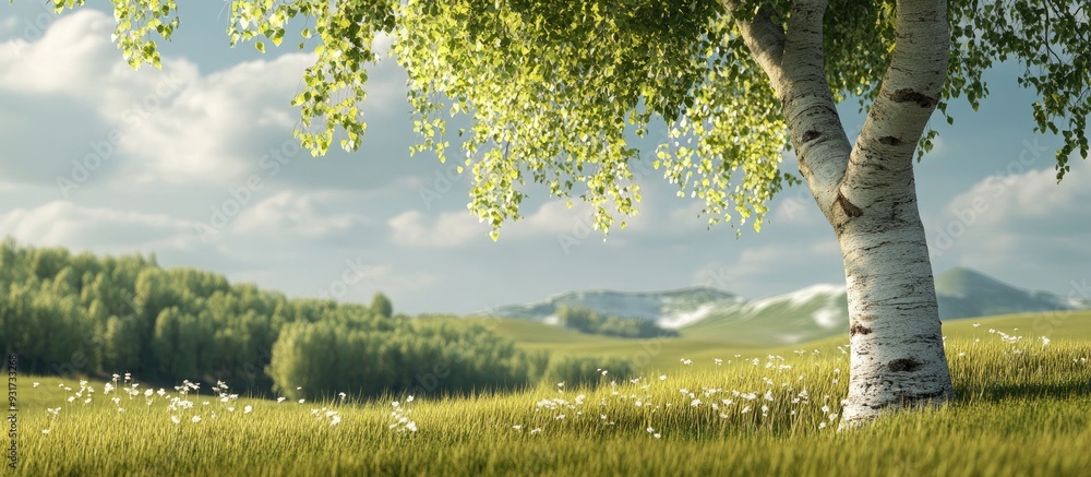 Leinwandbilder birch tree located in the summer hilly landscape. with copy space image. place for adding text or de