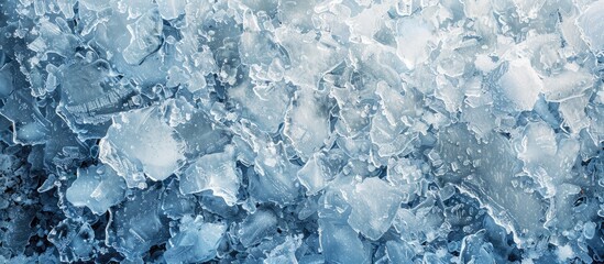 top view texture of winter frozen ice floes with a snow backdrop. with copy space image. Place for adding text or design