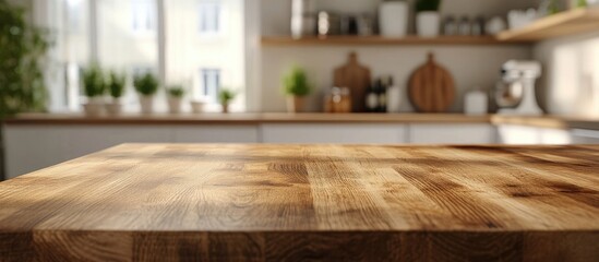 Wood table top set against a blurred kitchen room background Suitable for product montage display or design key visual layout. with copy space image. Place for adding text or design