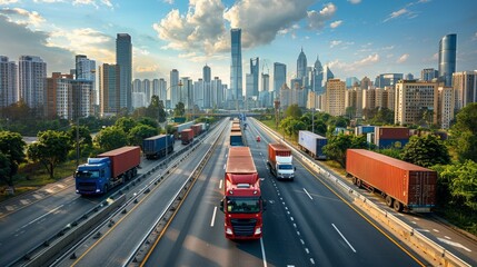 Fototapeta premium Containers being transported by trucks on a highway with a city skyline in the background